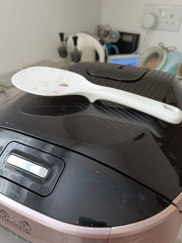 Rice spoon resting on top of a Yum Asia Bamboo rice cooker